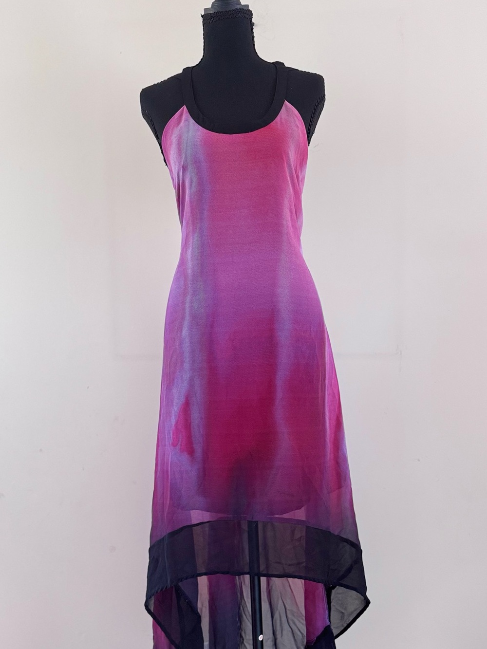Buffalo David Bitton Fuschia pink Holographic High-Low Slip Dress with Black Hem